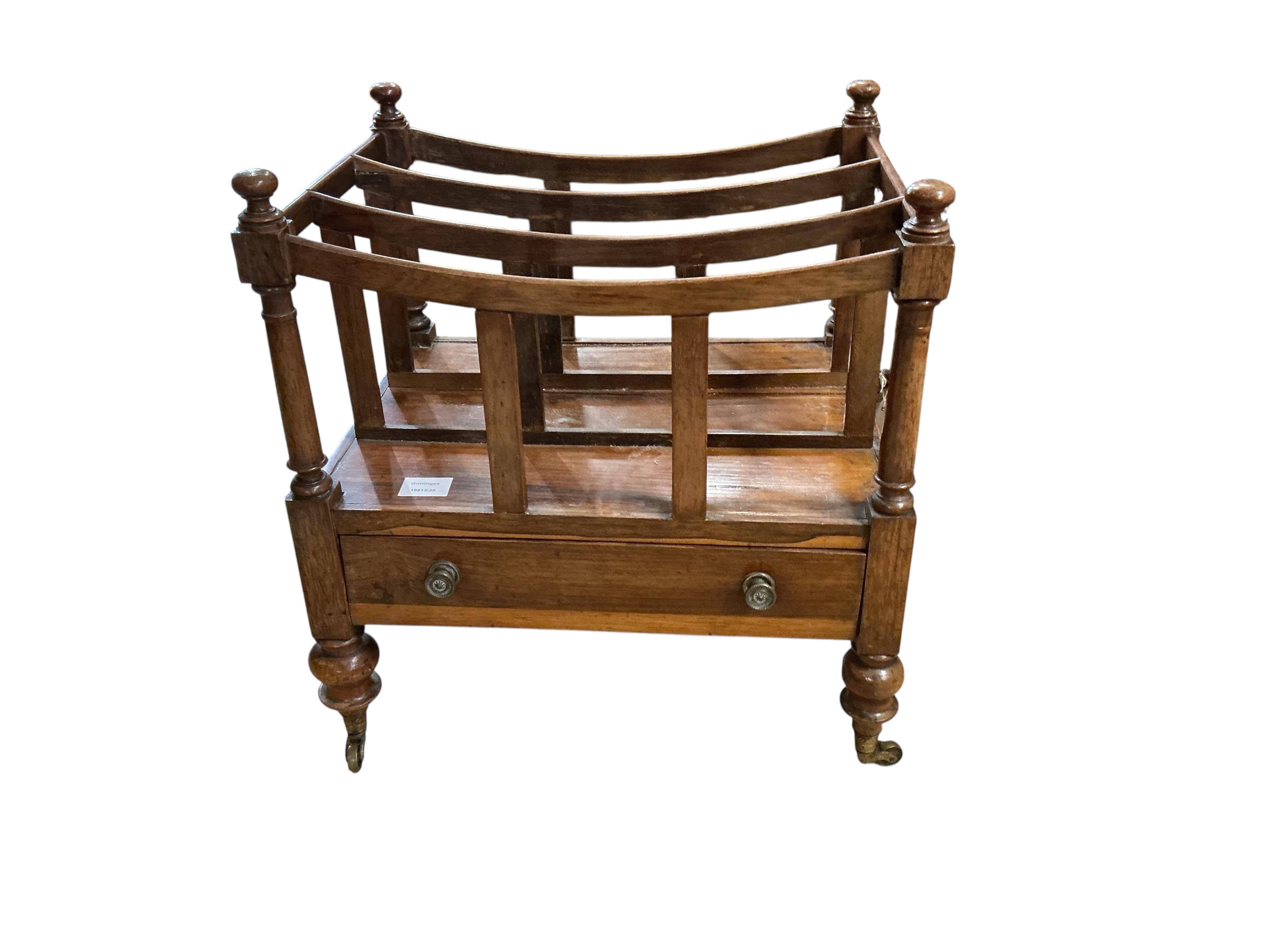 A Victorian rosewood three division canterbury, width 51cm, depth 41cm, height 54cm